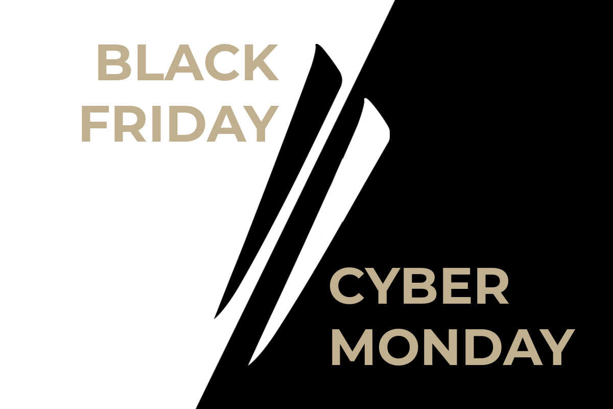 Black Friday and Cyber Monday sale announcement for Two of Most fine jewelry with a black and white design on a black background
