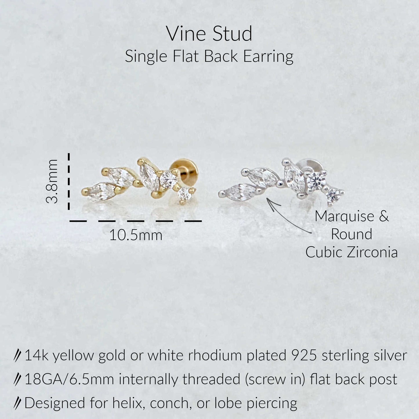 Product information graphic for a Vine Stud single flat back earring, showing front and side views with dimensions 10.5mm wide and 3.8mm high.