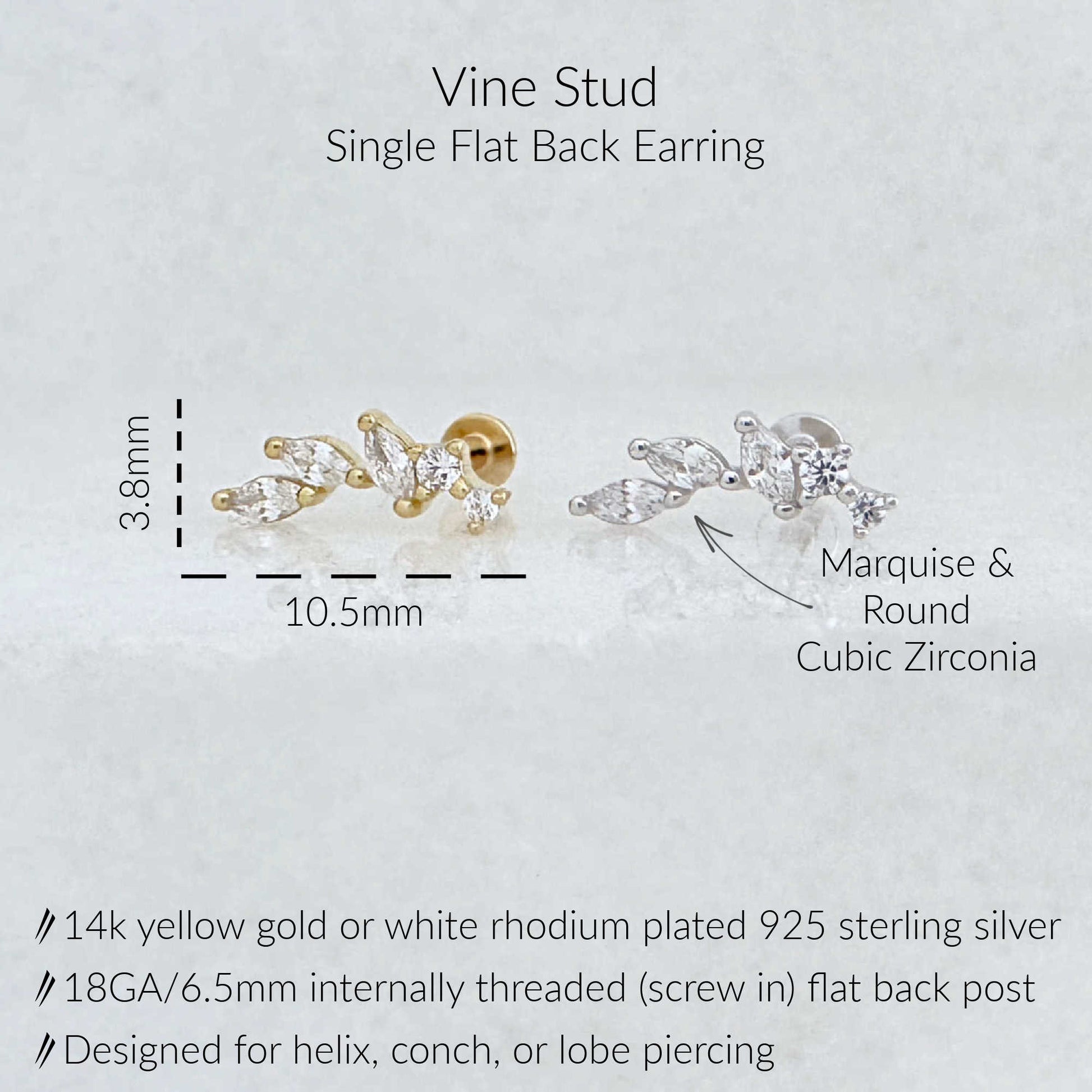 Product information graphic for a Vine Stud single flat back earring, showing front and side views with dimensions 10.5mm wide and 3.8mm high.