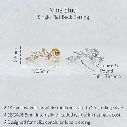 Product information graphic for a Vine Stud single flat back earring, showing front and side views with dimensions 10.5mm wide and 3.8mm high.