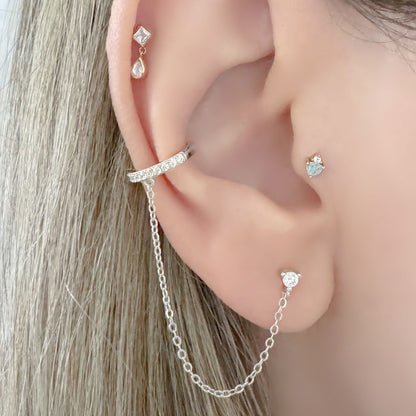 Chain and Cuff Earring, White Gold Connected Stud on Model