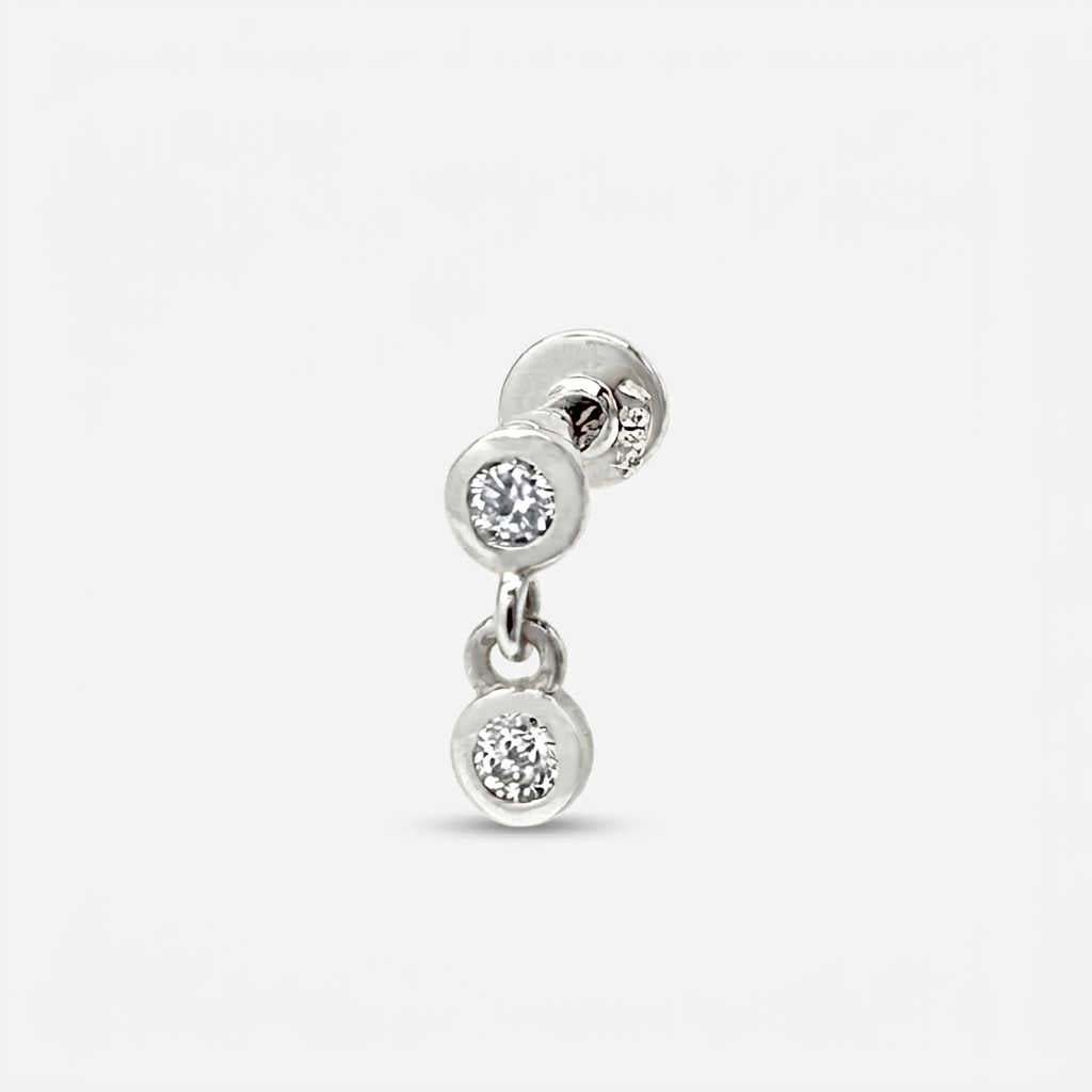 Flat Back Diamond Dangle Earring, 14k White Gold Flat Back Stud, Cartilage Jewelry for Helix, Tragus, Conch or Lobe
