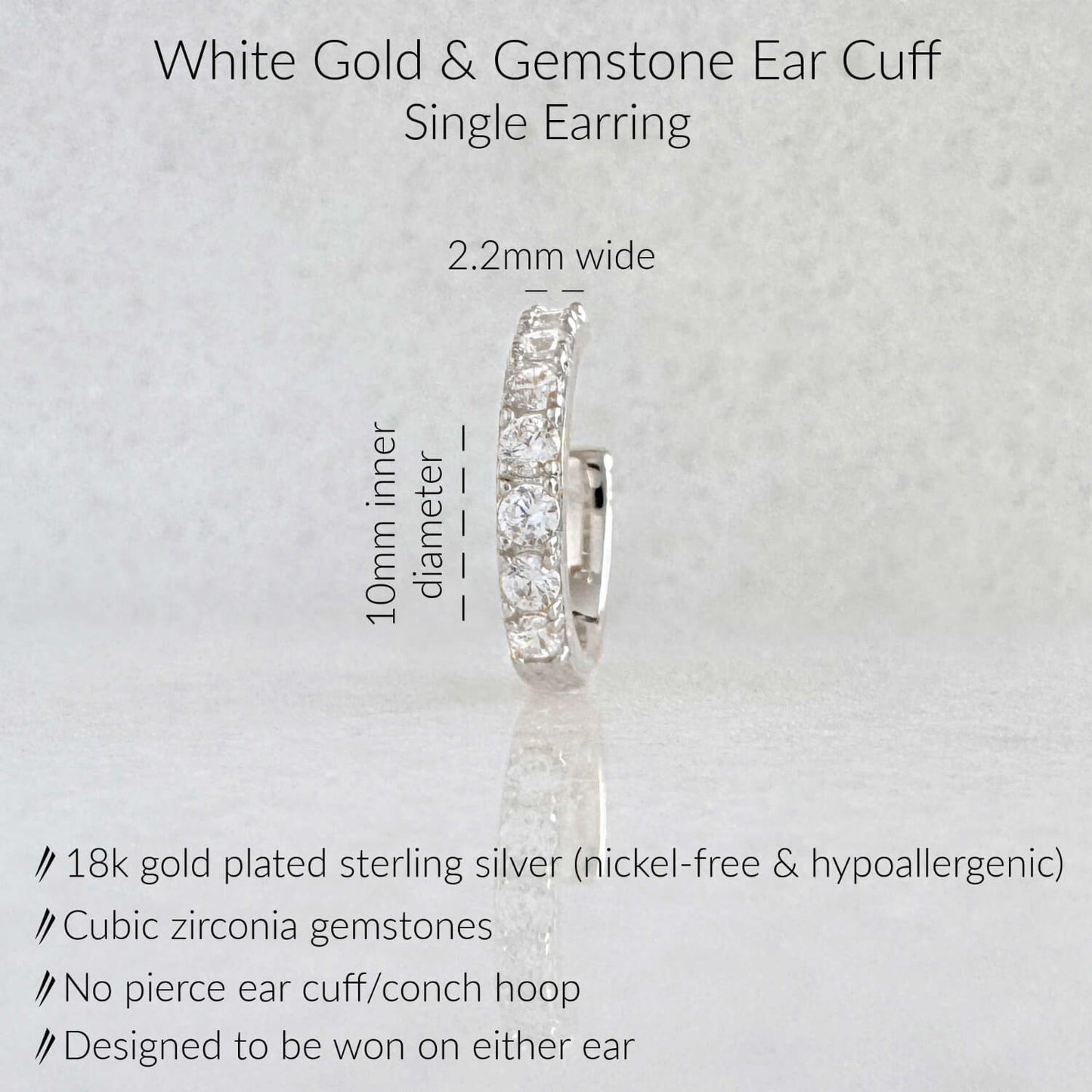 Specs for Gold Ear Cuff Earring. 18K White Gold Plated Sterling Silver & Cubic Zirconia Gemstones, 10mm diameter