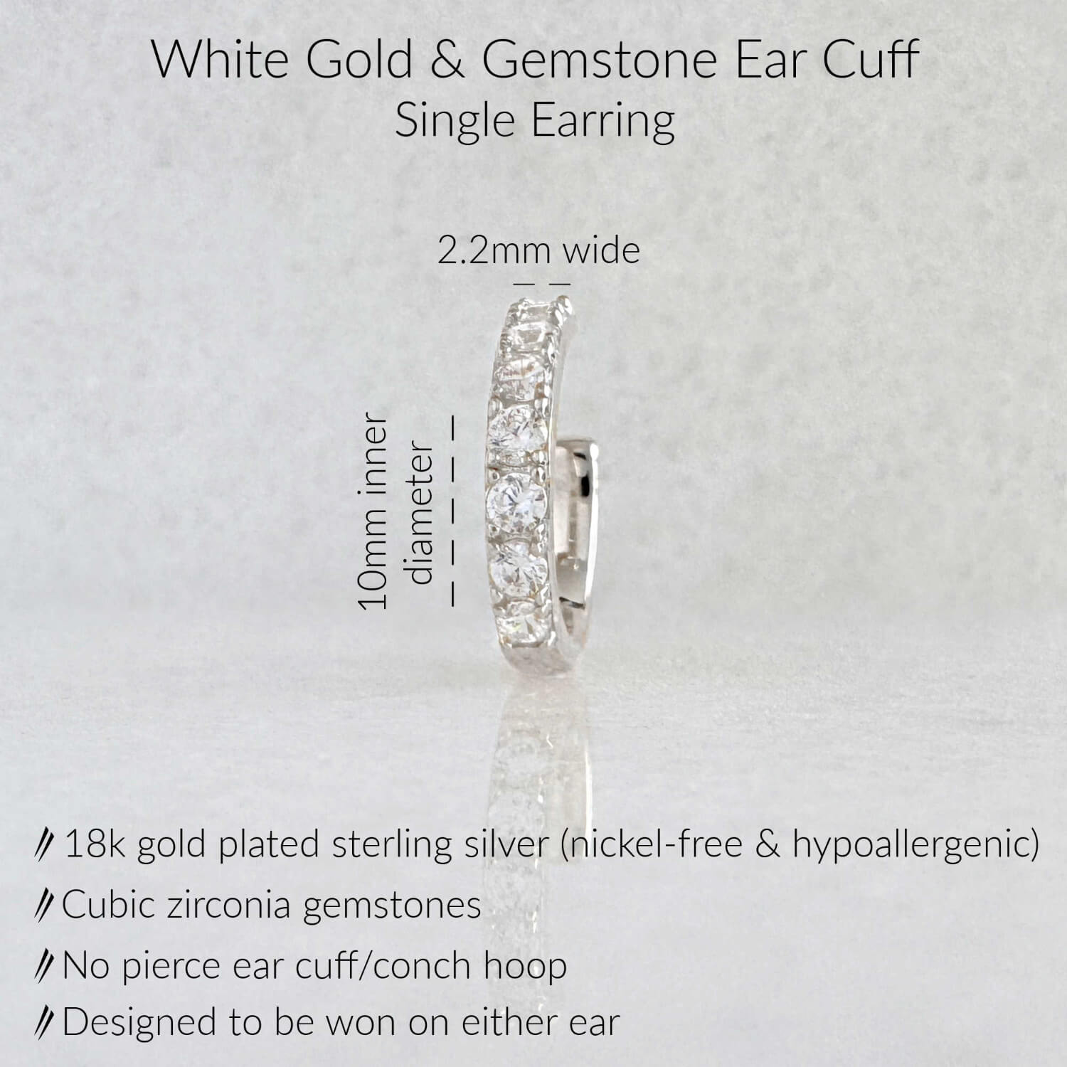Specs for Gold Ear Cuff Earring. 18K White Gold Plated Sterling Silver & Cubic Zirconia Gemstones, 10mm diameter