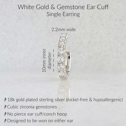 Specs for Gold Ear Cuff Earring. 18K White Gold Plated Sterling Silver & Cubic Zirconia Gemstones, 10mm diameter