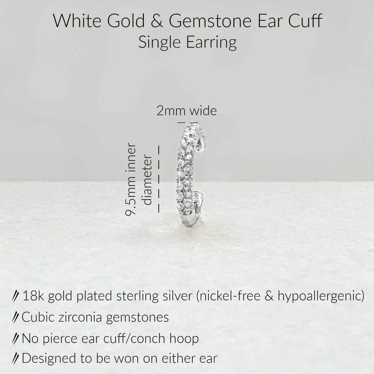 Specs for White Gold Ear Cuff Earring. 18K Gold Plated Sterling Silver & Cubic Zirconia Gemstones
