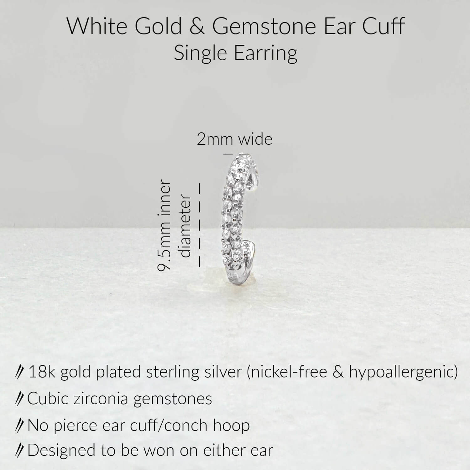 Specs for White Gold Ear Cuff Earring. 18K Gold Plated Sterling Silver & Cubic Zirconia Gemstones
