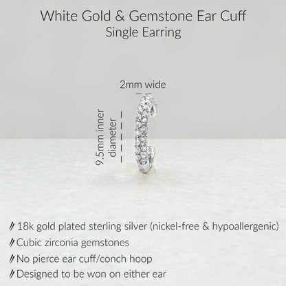 Specs for White Gold Ear Cuff Earring. 18K Gold Plated Sterling Silver & Cubic Zirconia Gemstones