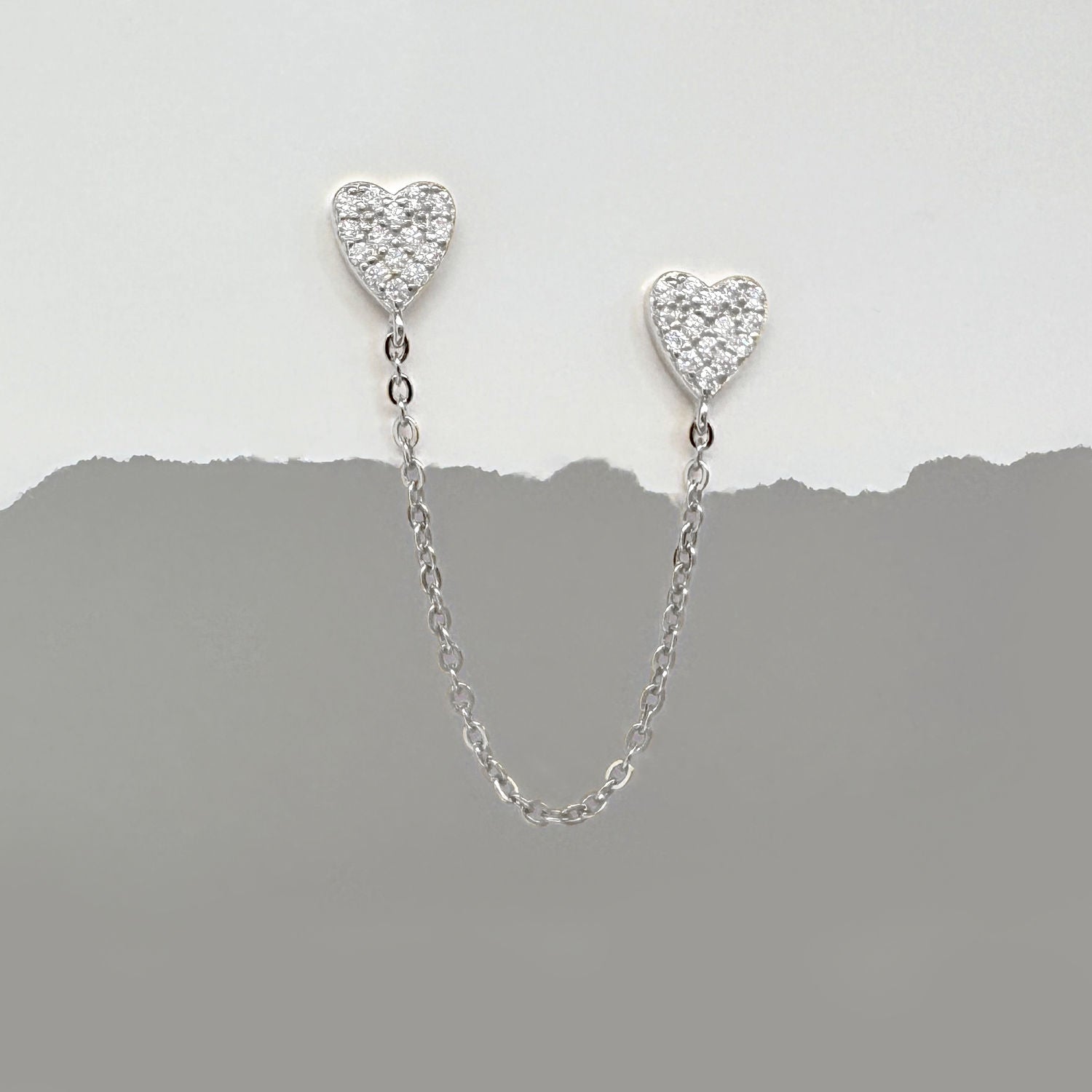 White Gold Heart Earrings, Chain Connected Double Piercing Studs, Two of Most