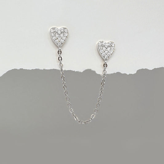 White Gold Heart Earrings, Chain Connected Double Piercing Studs, Two of Most