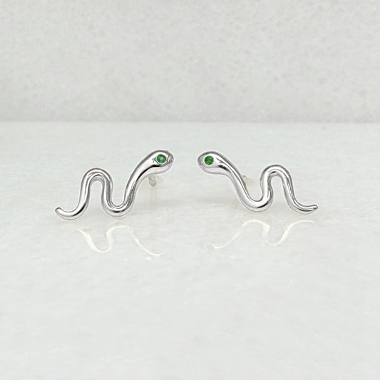 White Gold Snake Earrings, Serpent Studs with Green Gemstone Eyes from Two of Most