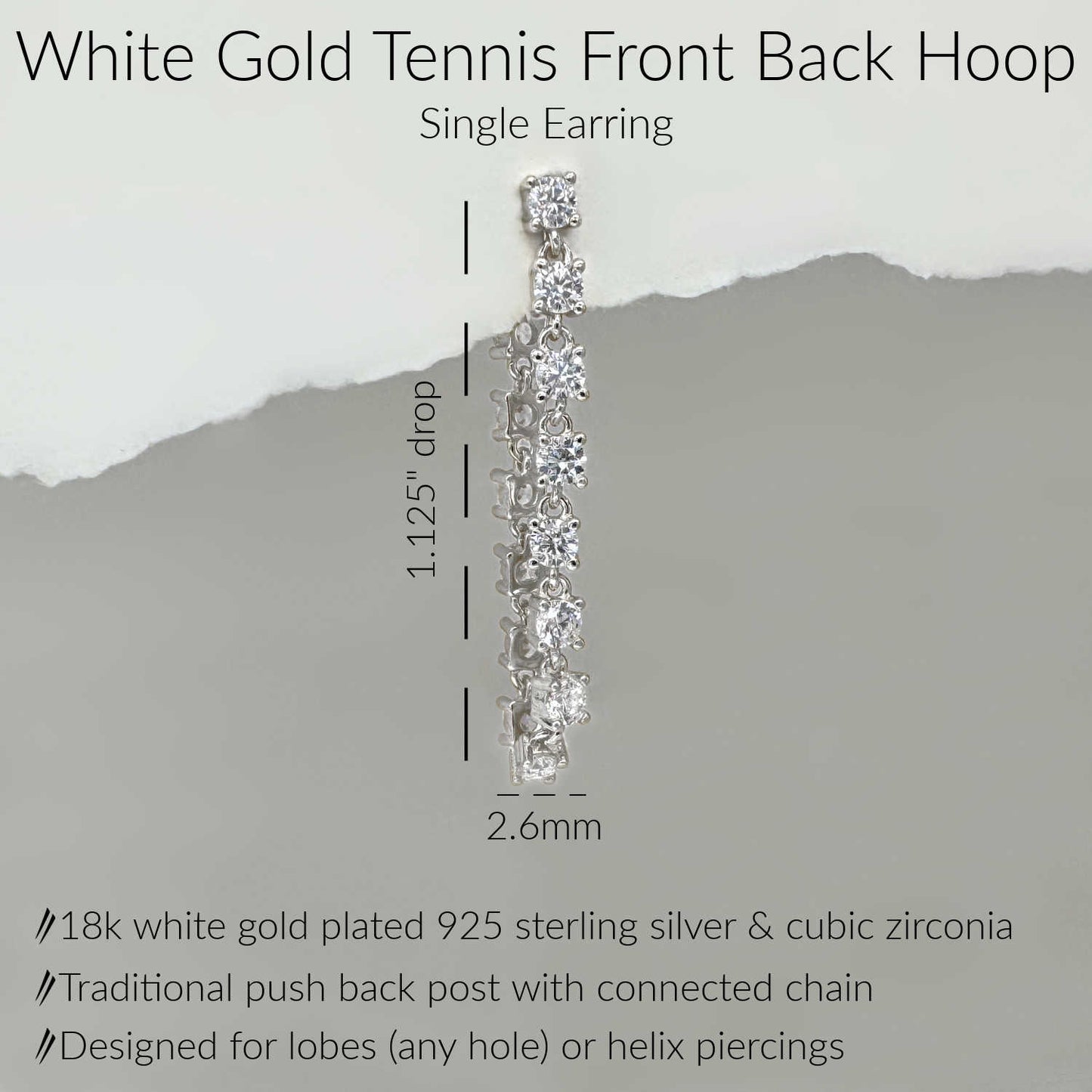 Specs for White Gold Tennis Front to Back Hoops, Solid 18k Gold Plated Chain Connected Stud Earring, 1.125" Drop