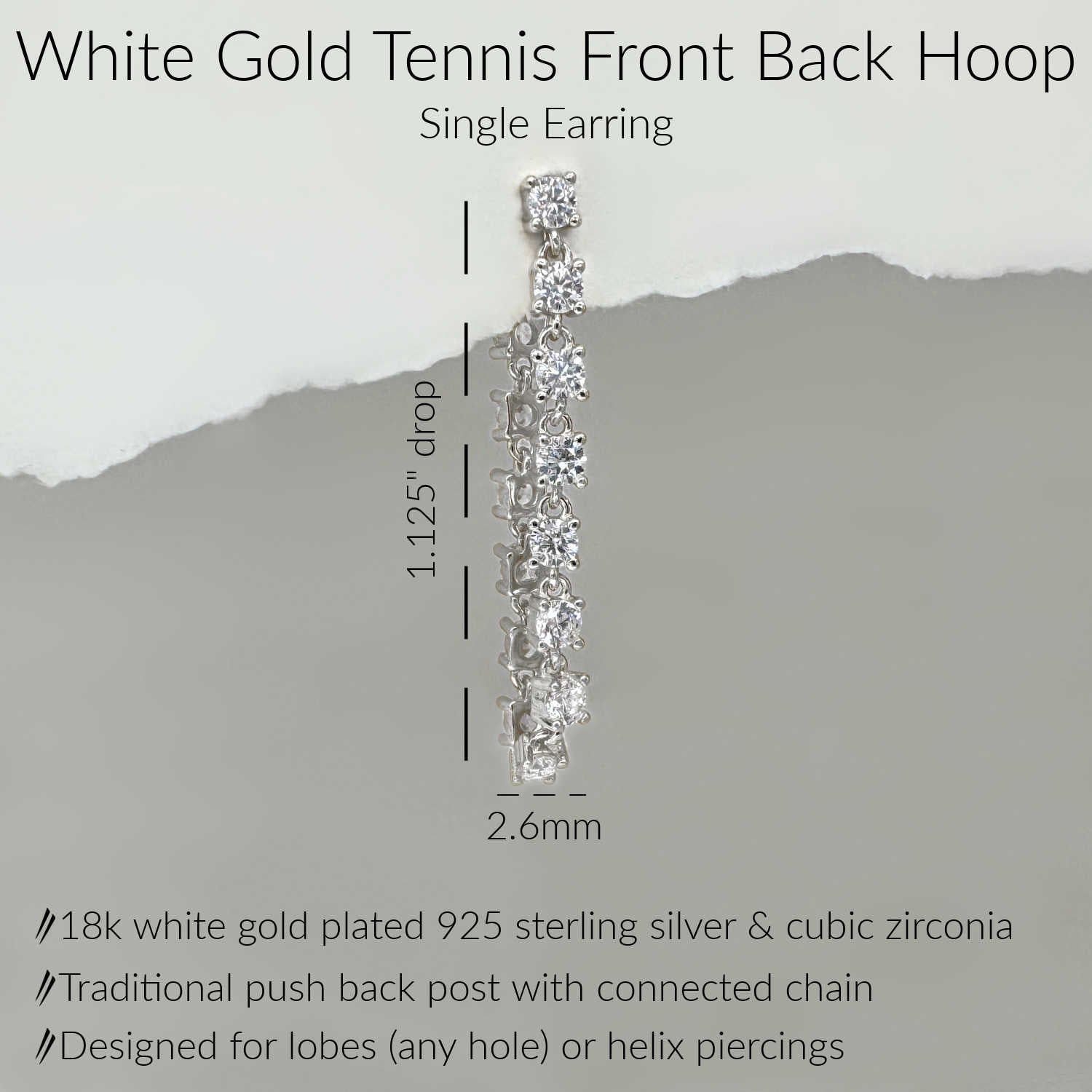 Specs for White Gold Tennis Front to Back Hoops, Solid 18k Gold Plated Chain Connected Stud Earring, 1.125" Drop