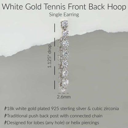 Specs for White Gold Tennis Front to Back Hoops, Solid 18k Gold Plated Chain Connected Stud Earring, 1.125" Drop