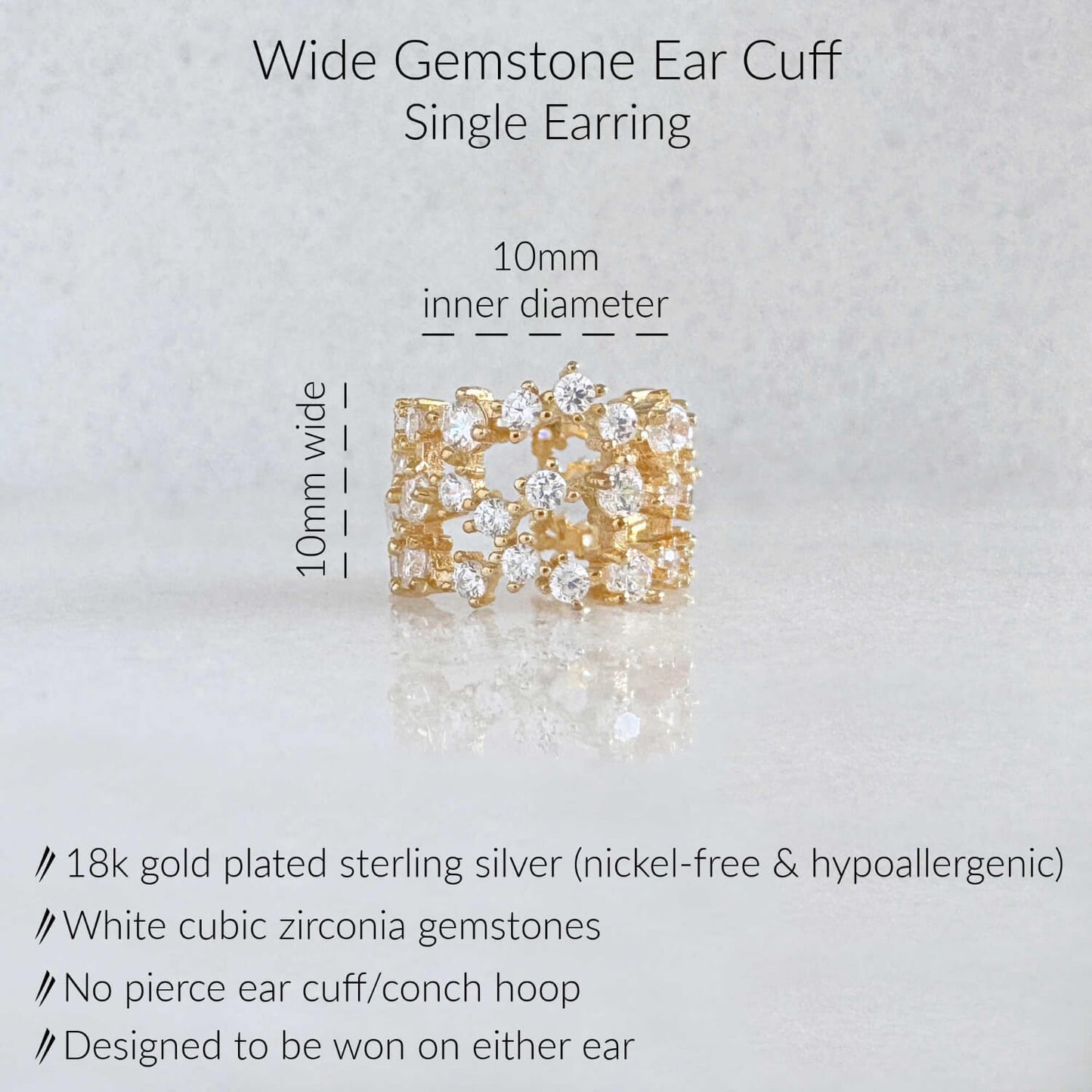 Specs for Gemstone Gold Ear Cuff Earring. 18K Gold Plated Sterling Silver & White Cubic Zirconia Gemstones. 10mm wide