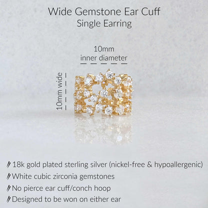 Specs for Gemstone Gold Ear Cuff Earring. 18K Gold Plated Sterling Silver & White Cubic Zirconia Gemstones. 10mm wide