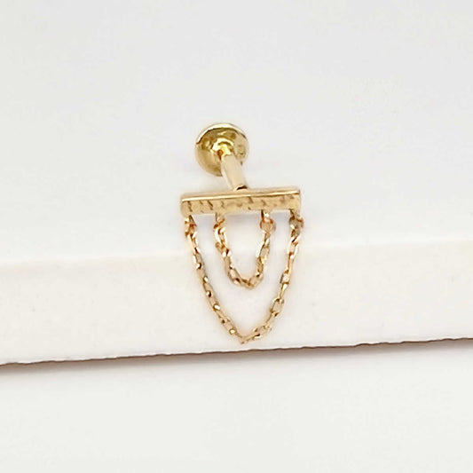 Gold Bar & Double Chain Cartilage Earring | 14K Flat Back Piercing Studs from Two of Most