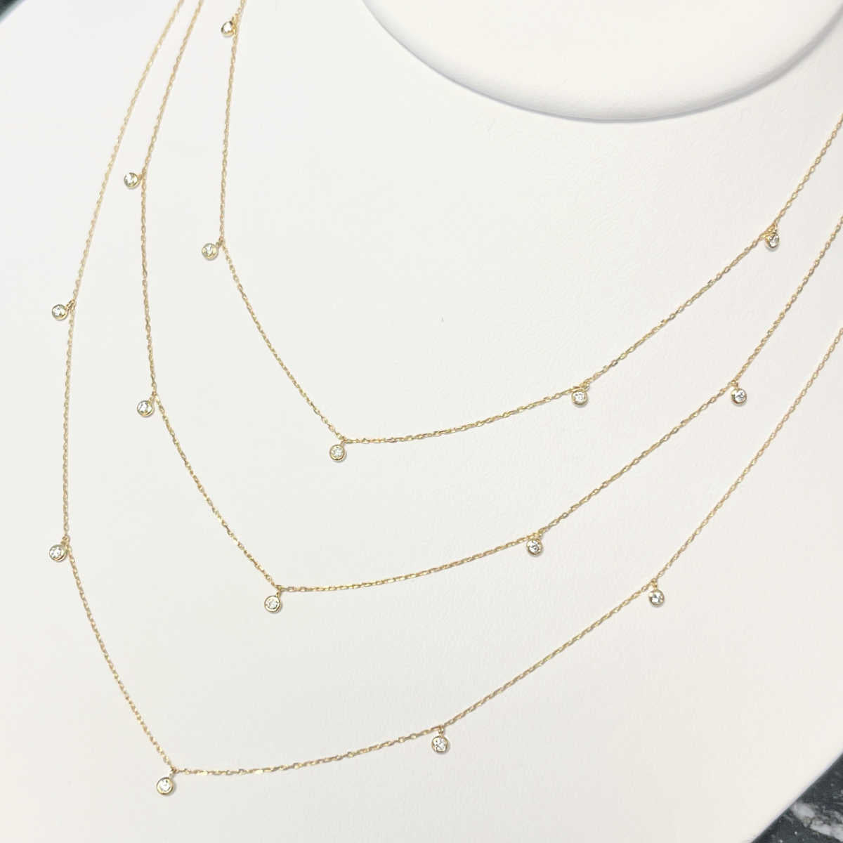 Diamond Dangle Station Necklace | Dainty Diamonds by the Yard Style | 14K Gold Layered Chains from Two of Most
