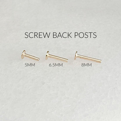 14k Gold Internally Threaded Flat Back Earring Posts, 18GA Screw Back Labret Cartilage Piercing Studs for Helix, Tragus, & Conch 5mm, 6.5mm, 8mm Lengths