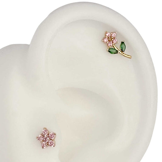 Flower with Stem Gold Cartilage Earring | Helix, Tragus, & Conch Studs | 18 Gauge Flat Back Piercing Stud Earrings from Two of Most