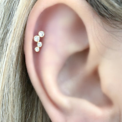 Bezel Stud Earrings on Ear | Piercing Earrings | Solid Gold Hypoallergenic Jewelry | Helix, Tragus, Cartilage | Two of Most Fine Jewelry