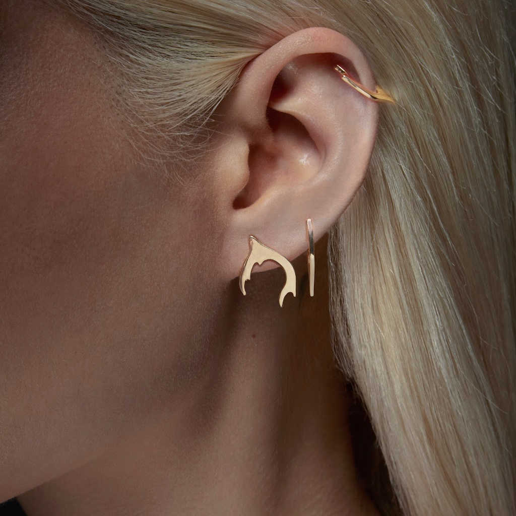 Antler small gold hoop stud earrings on model | push back | 14k yellow gold | Two of Most