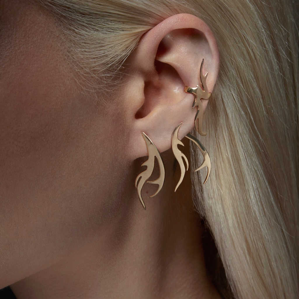 Branch gold ear cuff jacket stud mismatched earrings on model | 14k yellow gold | Two of Most