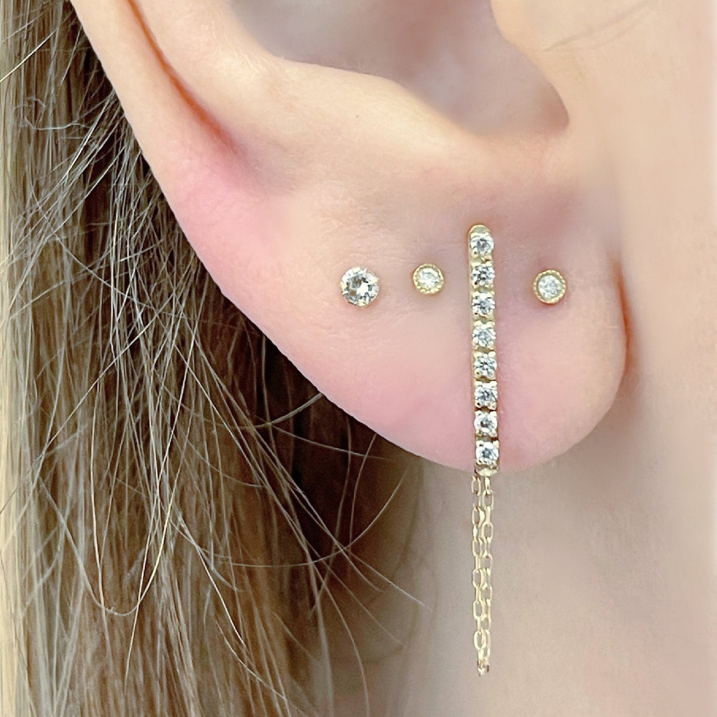 Pave Bar Stud Earrings with Chain on Ear | 14k Gold Hypoallergenic | Two of Most Fine Jewelry