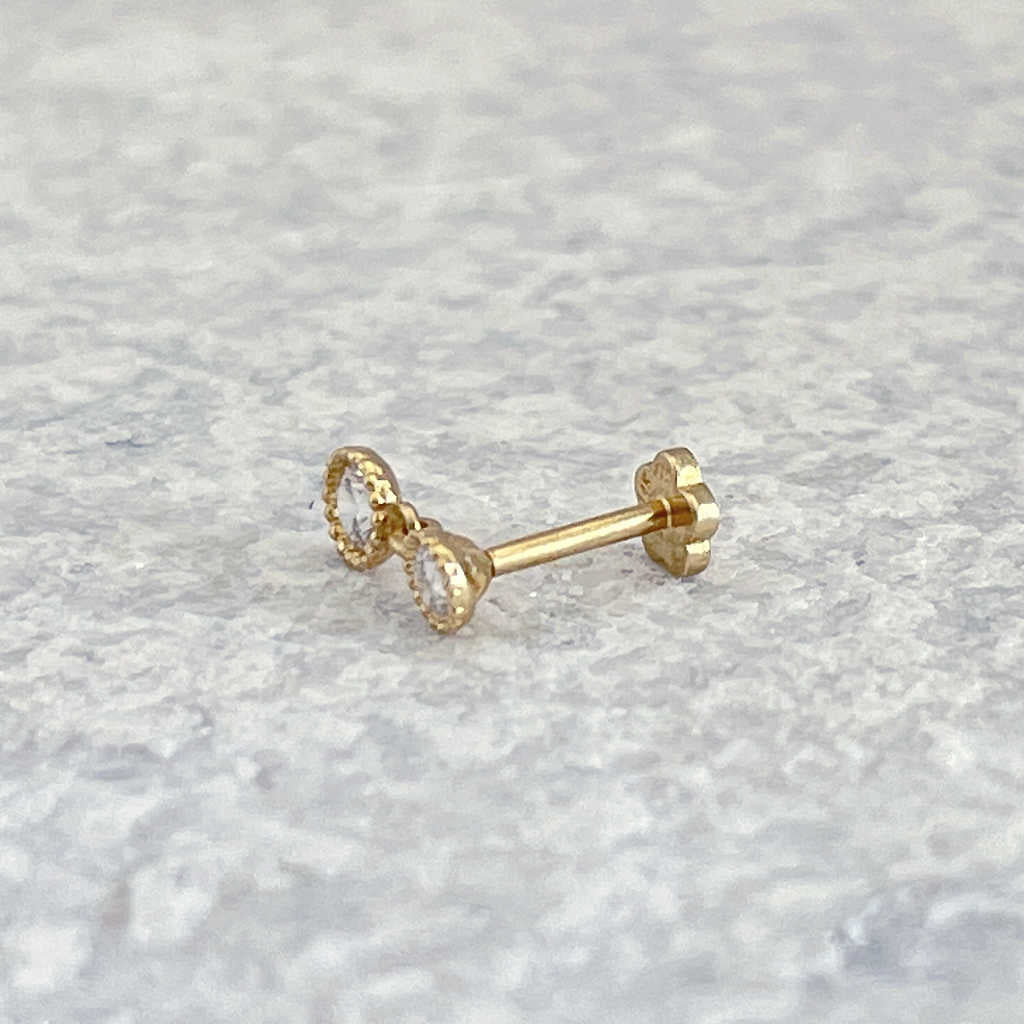 Two Stone Dangle Gold Cartilage Earring | Helix, Tragus, & Conch Studs | 18 Gauge Flat Back Piercing Stud Earrings from Two of Most