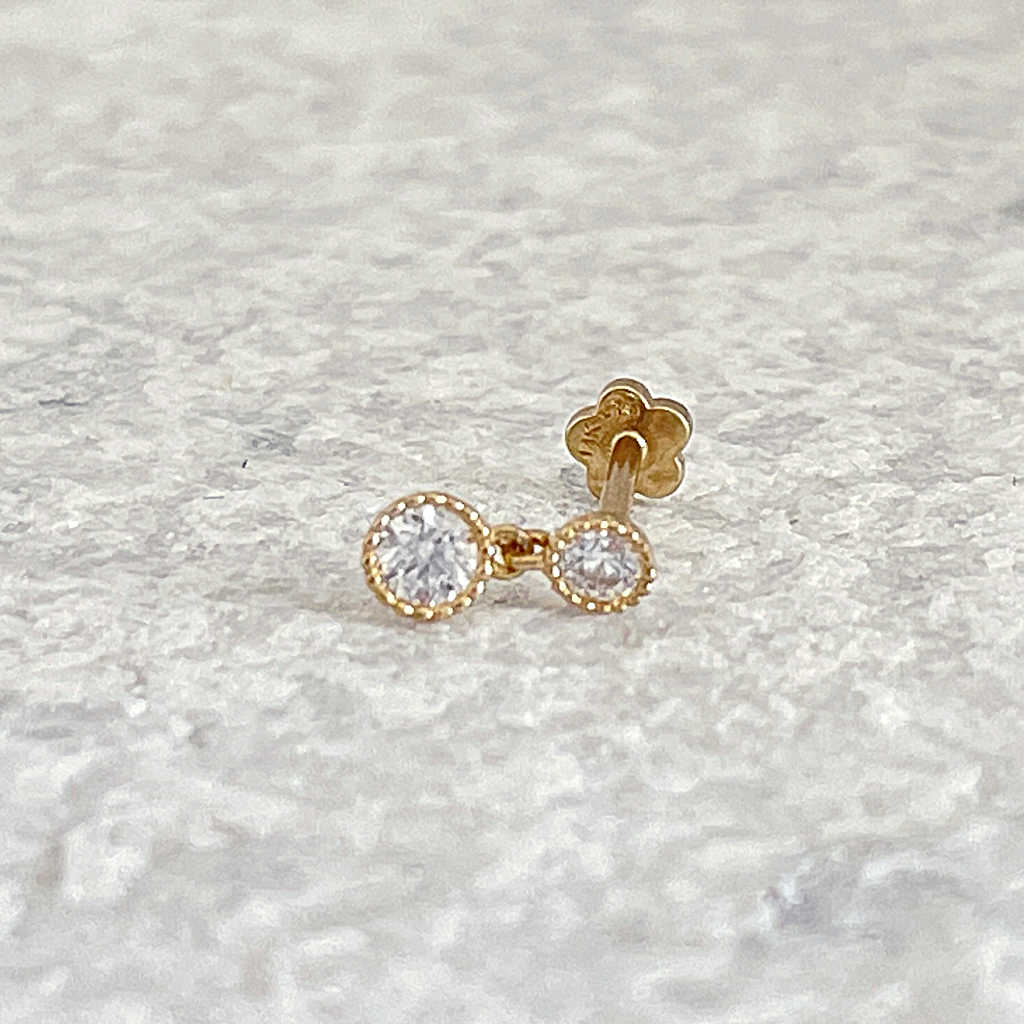 Two Stone Dangle Gold Cartilage Earring | Helix, Tragus, & Conch Studs | 18 Gauge Flat Back Piercing Stud Earrings from Two of Most