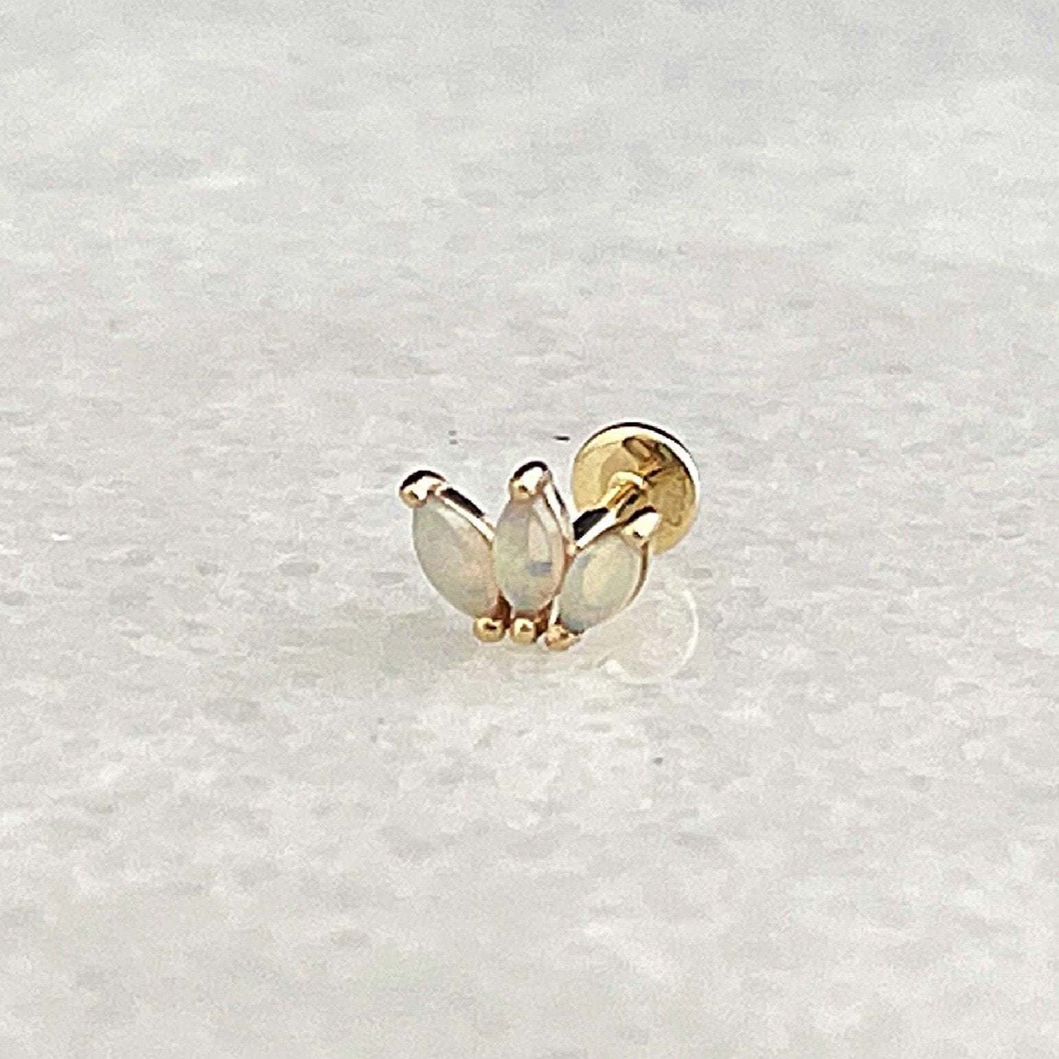 Opal Flat Back Cartilage Earring | 14k Gold Lotus Flower Stud | Two of Most
