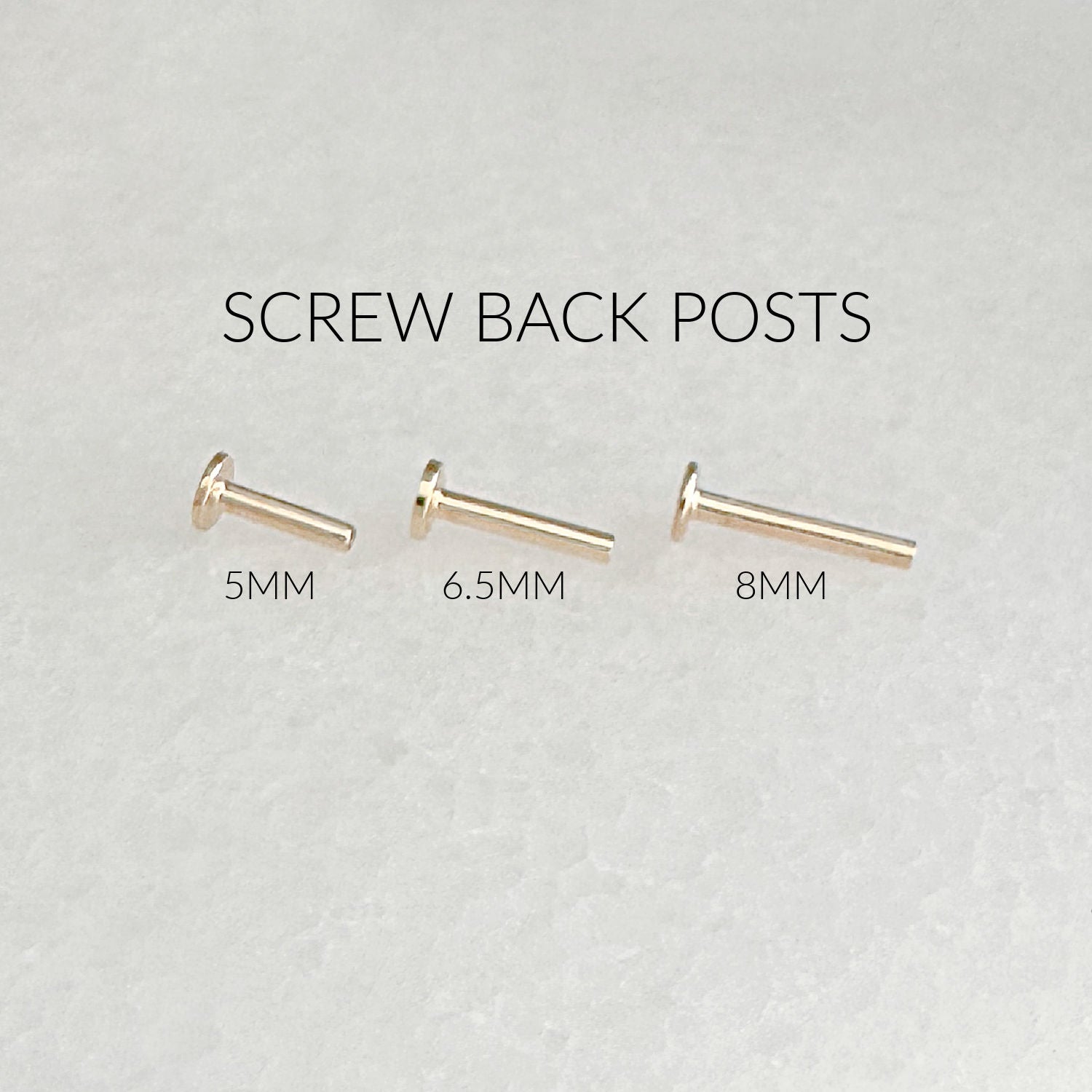14k Gold Internally Threaded Flat Back Earring Posts, 18GA Screw Back Labret Cartilage Piercing Studs for Helix, Tragus, & Conch 5mm, 6.5mm, 8mm Lengths