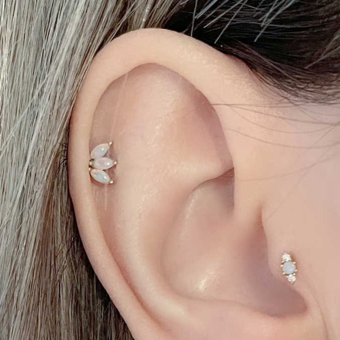 Opal Flat Back Cartilage Earring | 14k Gold Lotus Flower Stud | Two of Most