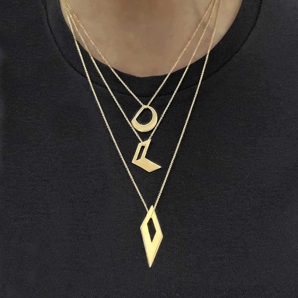 Large Gold Pendant, Solid 14k Geometric Semicircle Necklace on Model