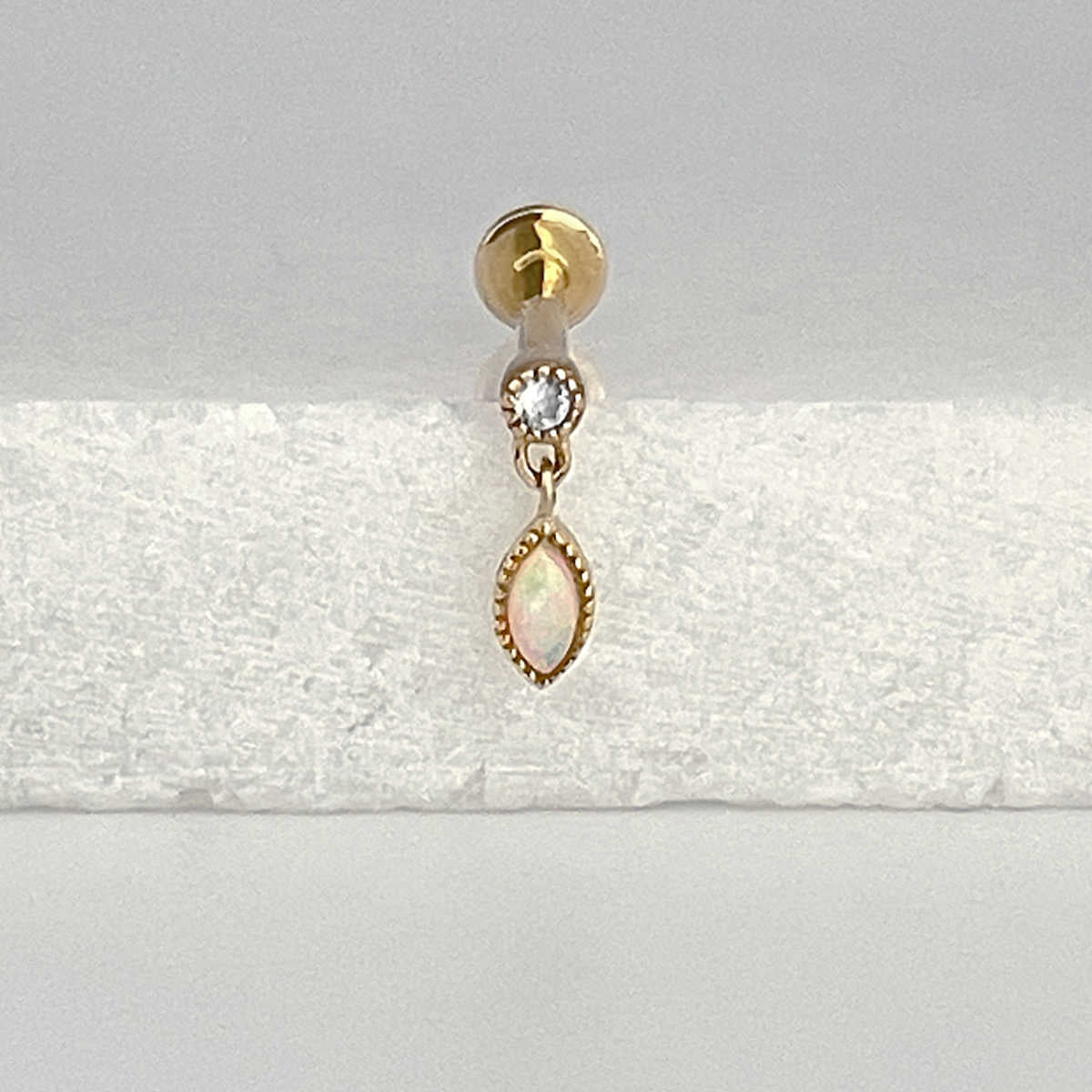 Opal Dangle Gold Cartilage Earring | Helix, Tragus, & Conch Studs | 18 Gauge Flat Back Piercing Stud Earrings