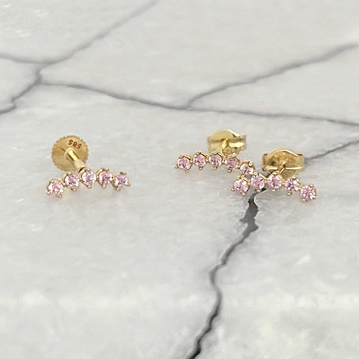 Pink Gemstone Curve Stud Earrings | 14K Gold Studs at Two of Most