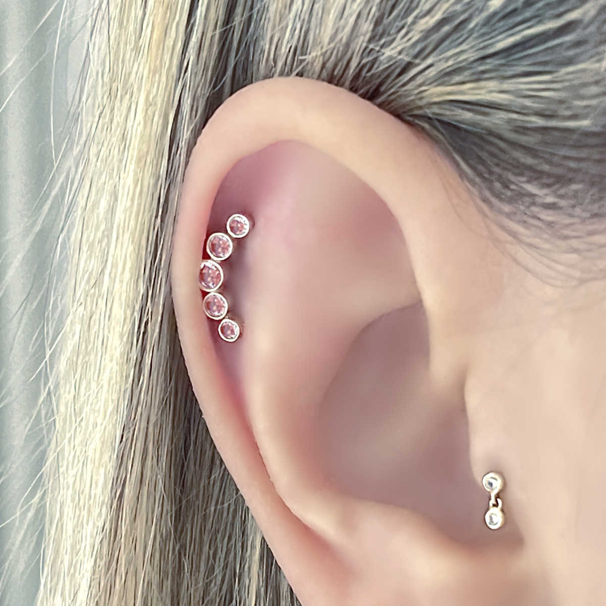 Pink Gemstone Cartilage Climber Earring | 14k Gold Flat Back Helix Studs from Two of Most