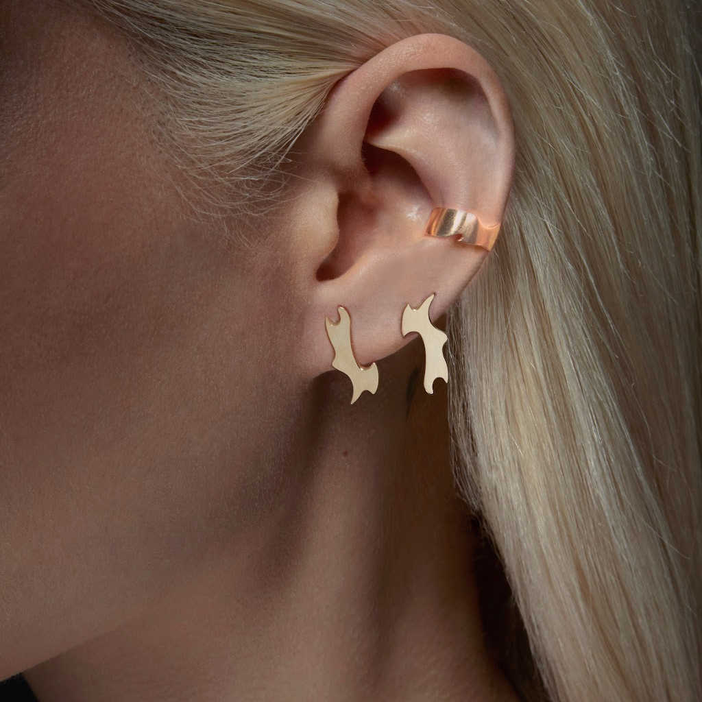 Puzzle gold ear cuff earring on model | 14k yellow gold | Two of Most