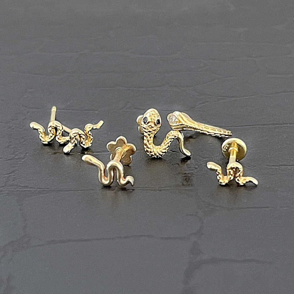 Snake Stud Earring Collection | Piercing Earrings | Solid Gold Hypoallergenic Jewelry | Helix, Tragus, Cartilage | Two of Most Fine Jewelry