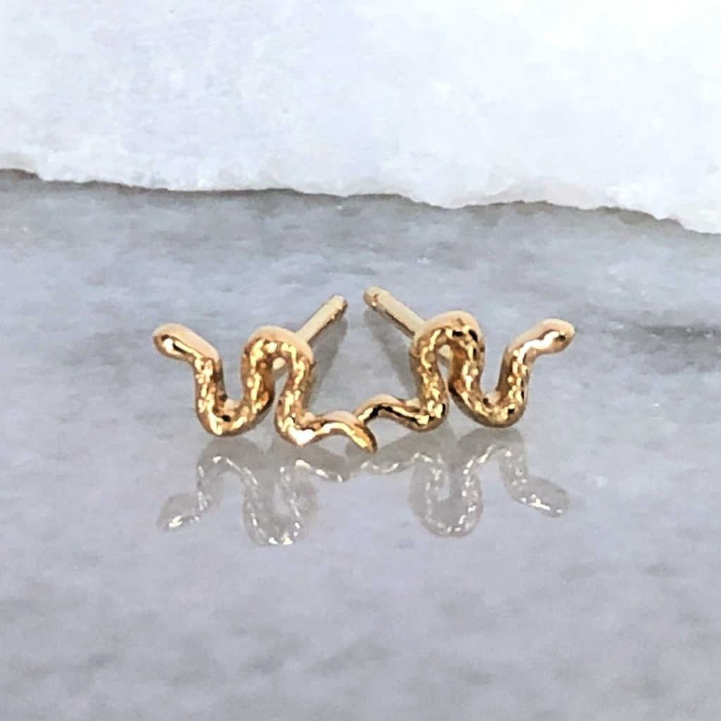 Snake gold stud earrings | push back | 14k yellow gold | Two of Most