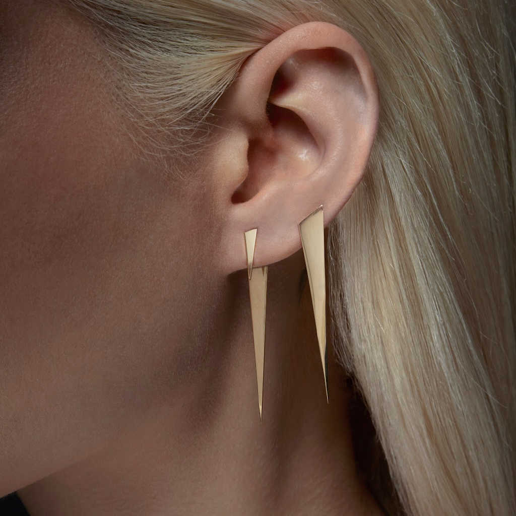 Spike gold ear jacket stud mismatched earrings on model | push back | 14k yellow gold | Two of Most